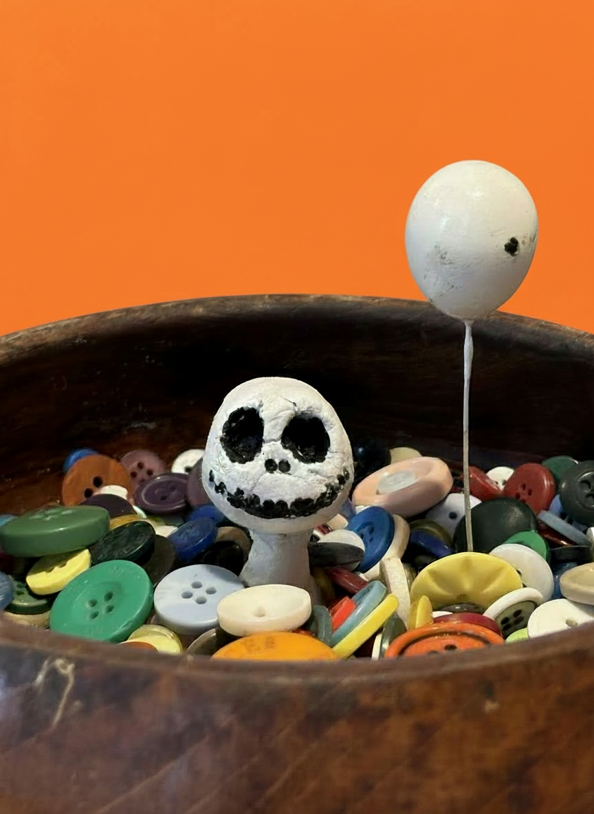 Keep the bowl, handmade white-faced figure, colorful buttons, wooden frame, and every foreground detail unchanged. Change only the background behind the bowl to a vivid fluorescent orange, like bright neon orange paint or glow. Do not add wood texture, patterns, streaks, or extra objects. Preserve natural edges and realistic lighting.