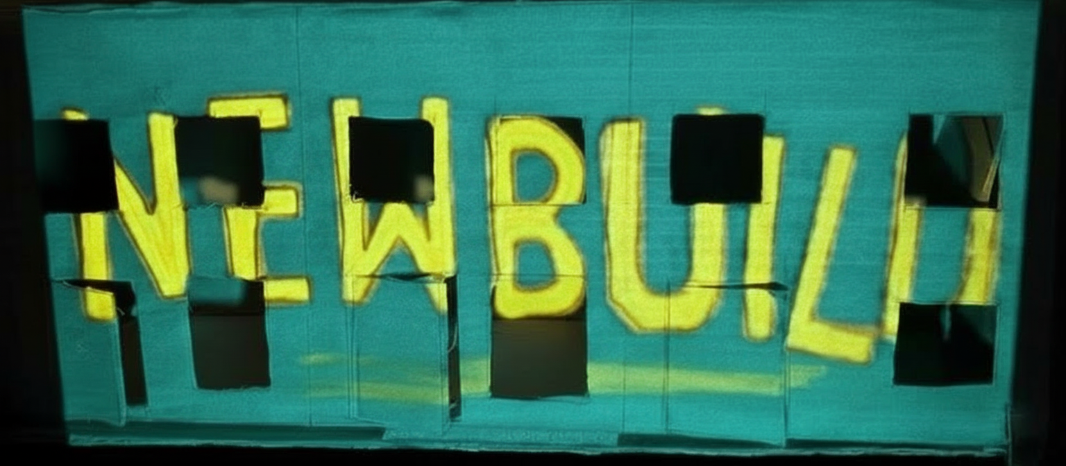 There is a long black cardboard box with areas cut out roughly, to give the impression of a row of houses. The box has a projection of the words NEWBUILD painted untidily in bright yellow on a painted background of bright green. Where the cut-out doors are open and where the windows have been cut out, it leaves little gaps in the wording and you can see the darkness of the box inside those gaps.